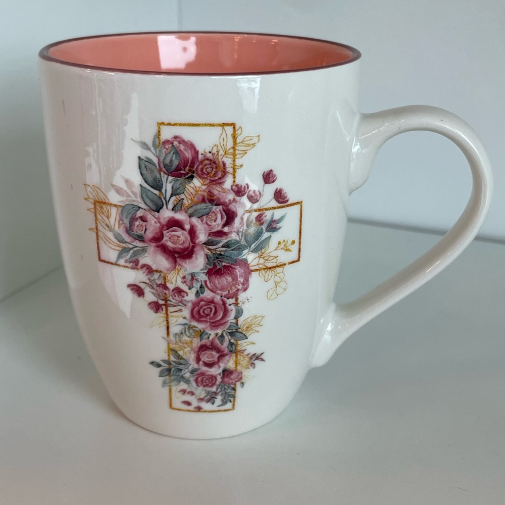 Floral Cross Ceramic Mug with Pink Interior NWT